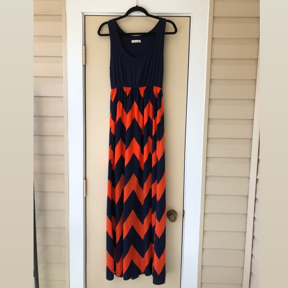 Navy and Fluorescent Orange Chevron Maxi Dress